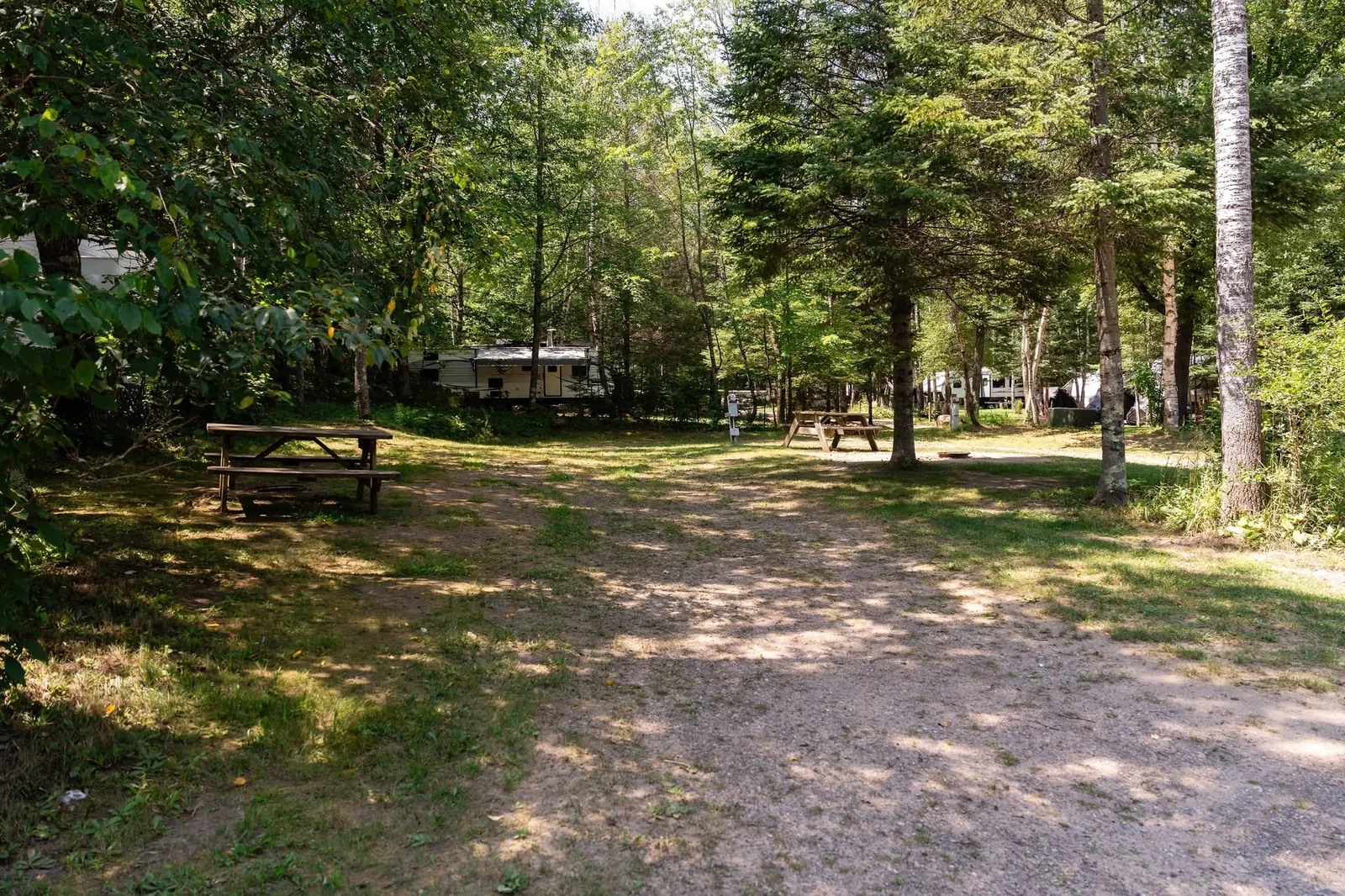 Wooded RV site among tall trees at Heaven’s Up North Campground